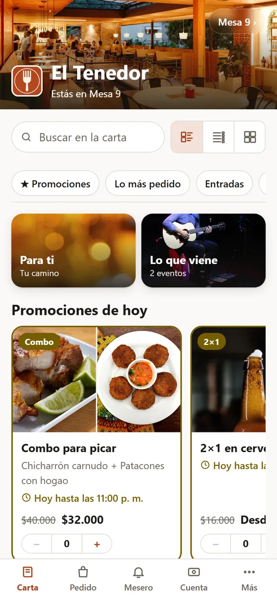 La carta en el celular del cliente, con promociones de hoy